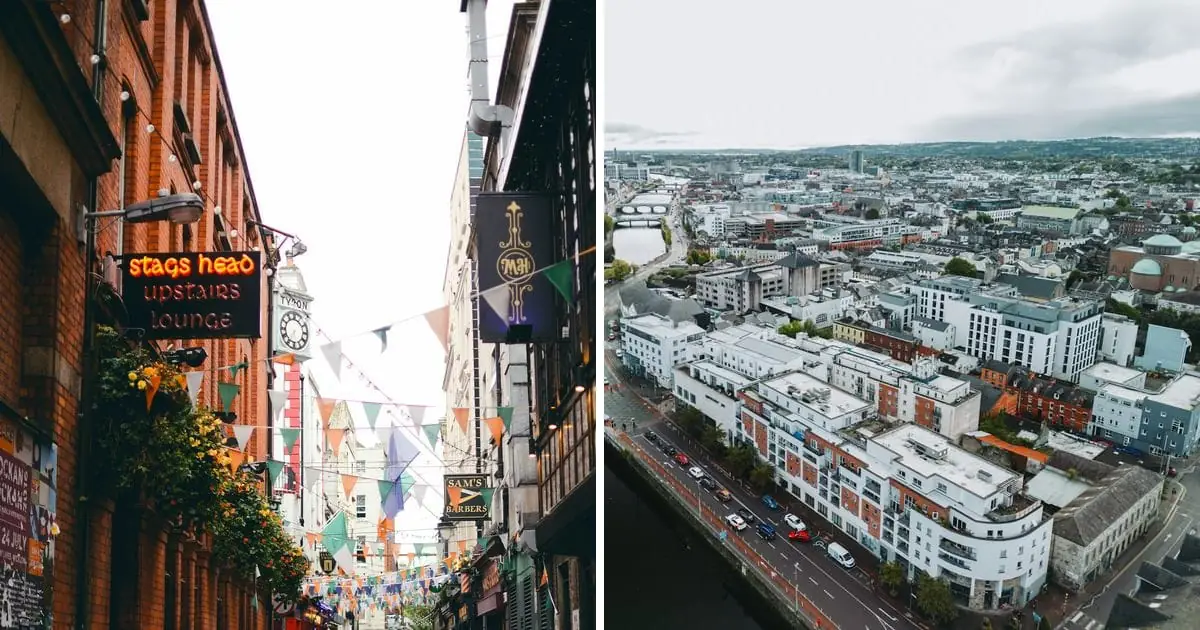 A busy street in Dublin on the left and an aerial view of Cork city on the right